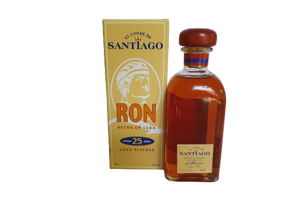 صندوق ومنظر خلفي لزجاجة El Conde de Santiago Rum - 25 عامًا